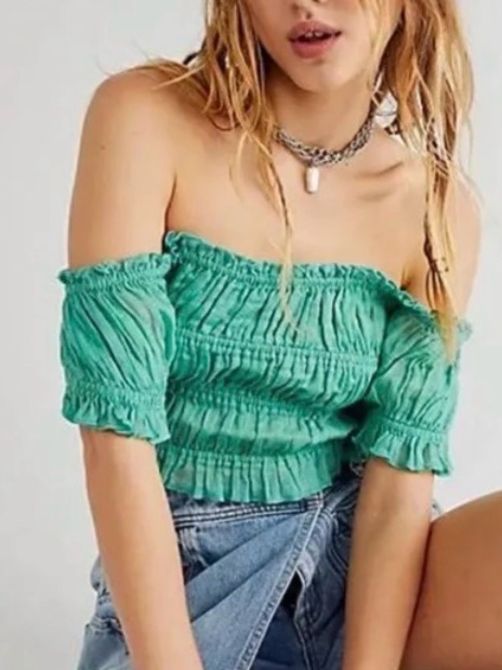 Free People FP One Cheri Top Smocked Cropped Mountain Green Off The Shoulder L